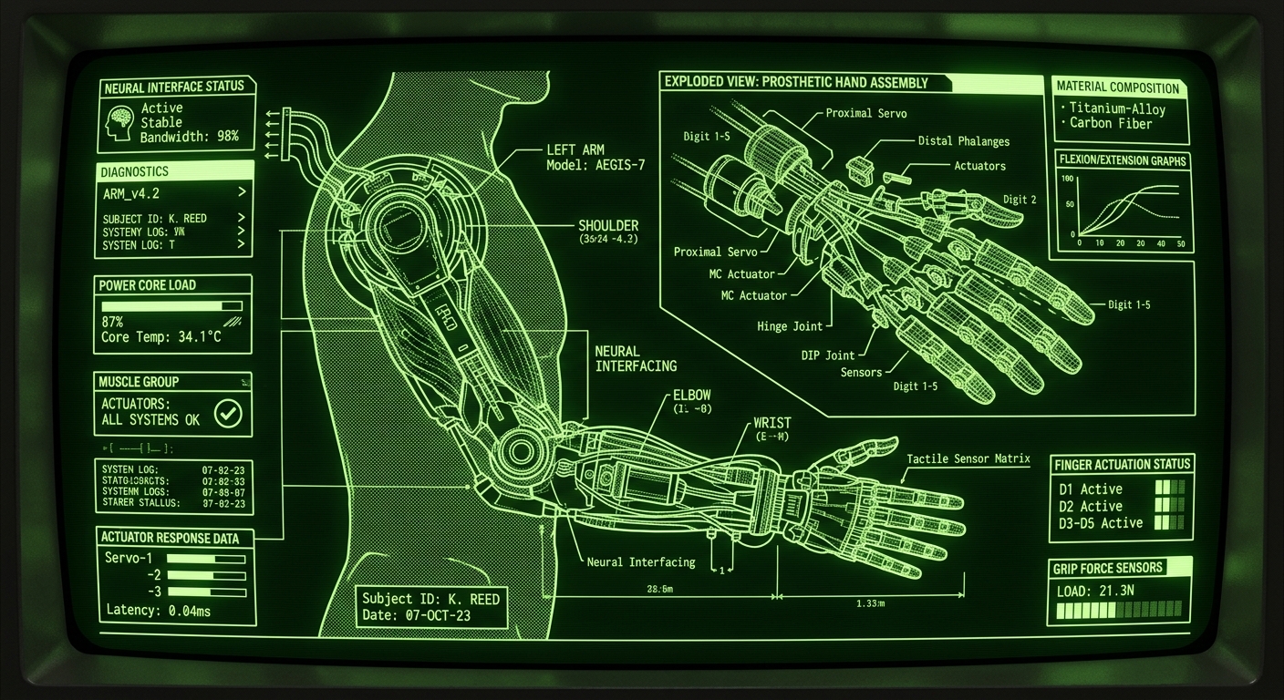 A high-tech medical blueprint layout displaying the schematic design of a cybernetic prosthetic arm. Multiple small diagnostic sub-panels, green phosphor text readouts, wireframe wire structures, and an exploded view diagram of the robotic fingers. Old-school CRT monitor style, dark green background with bright lime green glowing pixels, dithered shading for shadows.