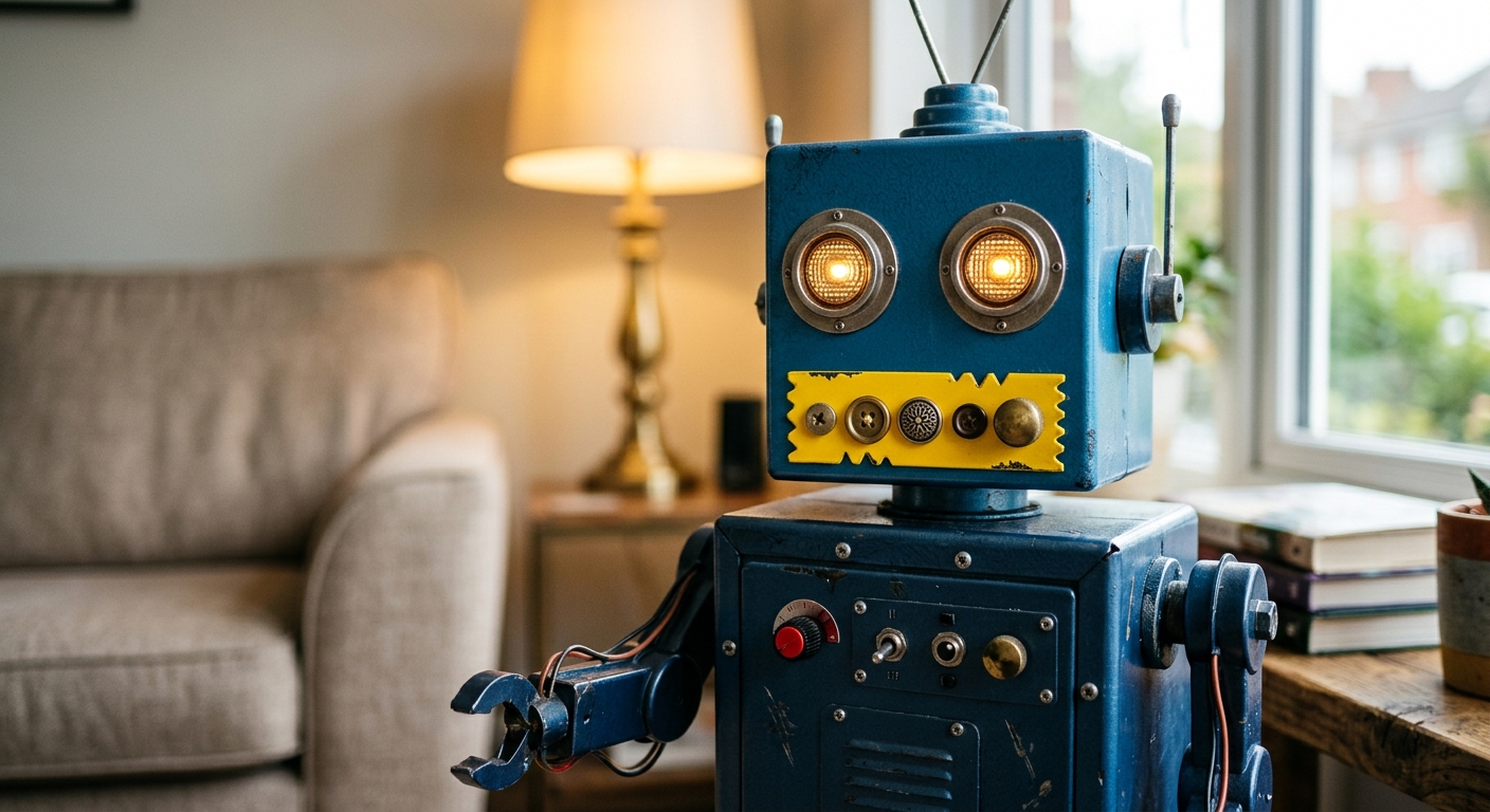 A cool blue boxy robot with yellow mouth and buttons as teeth shot with a macro lens, top half only in front of sofa with lamp and window in the background.