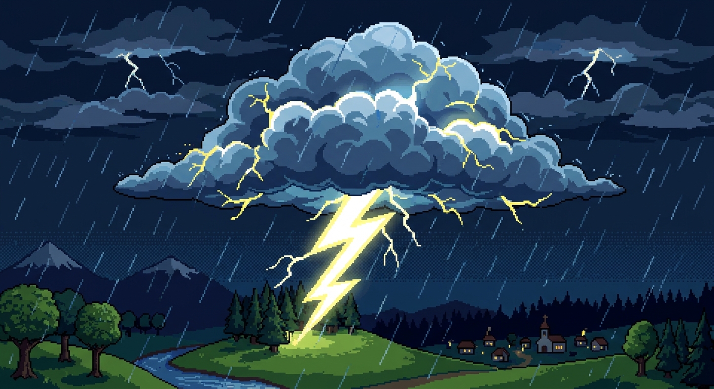 Cartoon Raincloud and lightning storm with lightning bolt pixel art