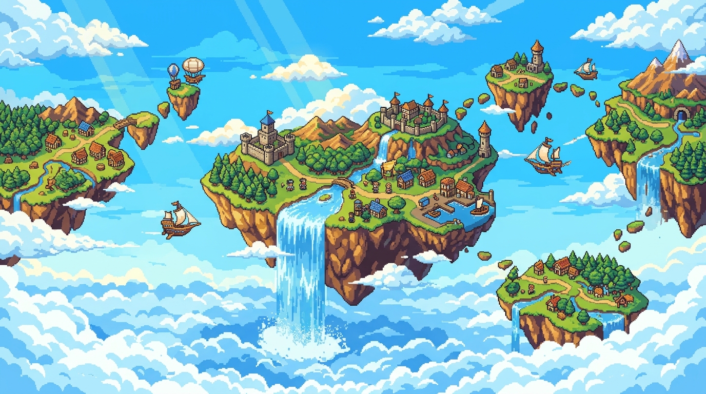 Fantasy Floating Islands: 16-bit era pixel art, majestic floating islands in a bright blue sky, pixelated waterfalls cascading into the clouds below, tiny airships flying between islands, vibrant color palette