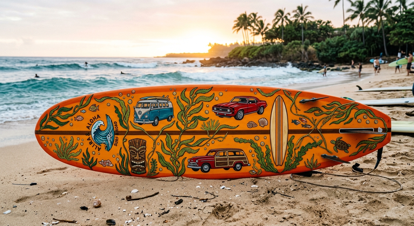 Orange Painted fancy surfboard with green sea weed pattern weeds sewn in with cool images of cars and surfboards etc.