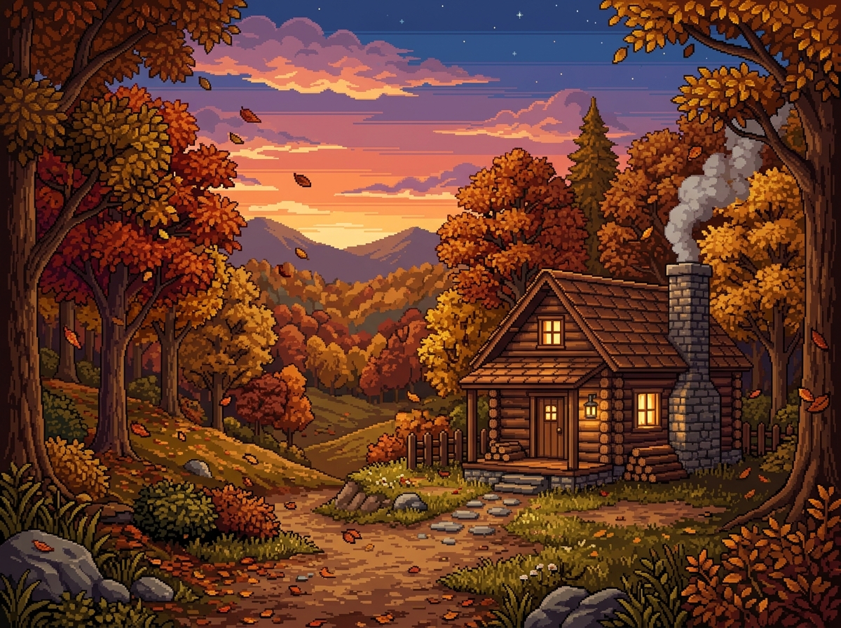 Autumn Cottage: 32-bit pixel art, a serene autumn forest scene with a small log cabin, smoke coming from the chimney, falling orange leaves, warm sunset colors, rich game background style --ar 4:3