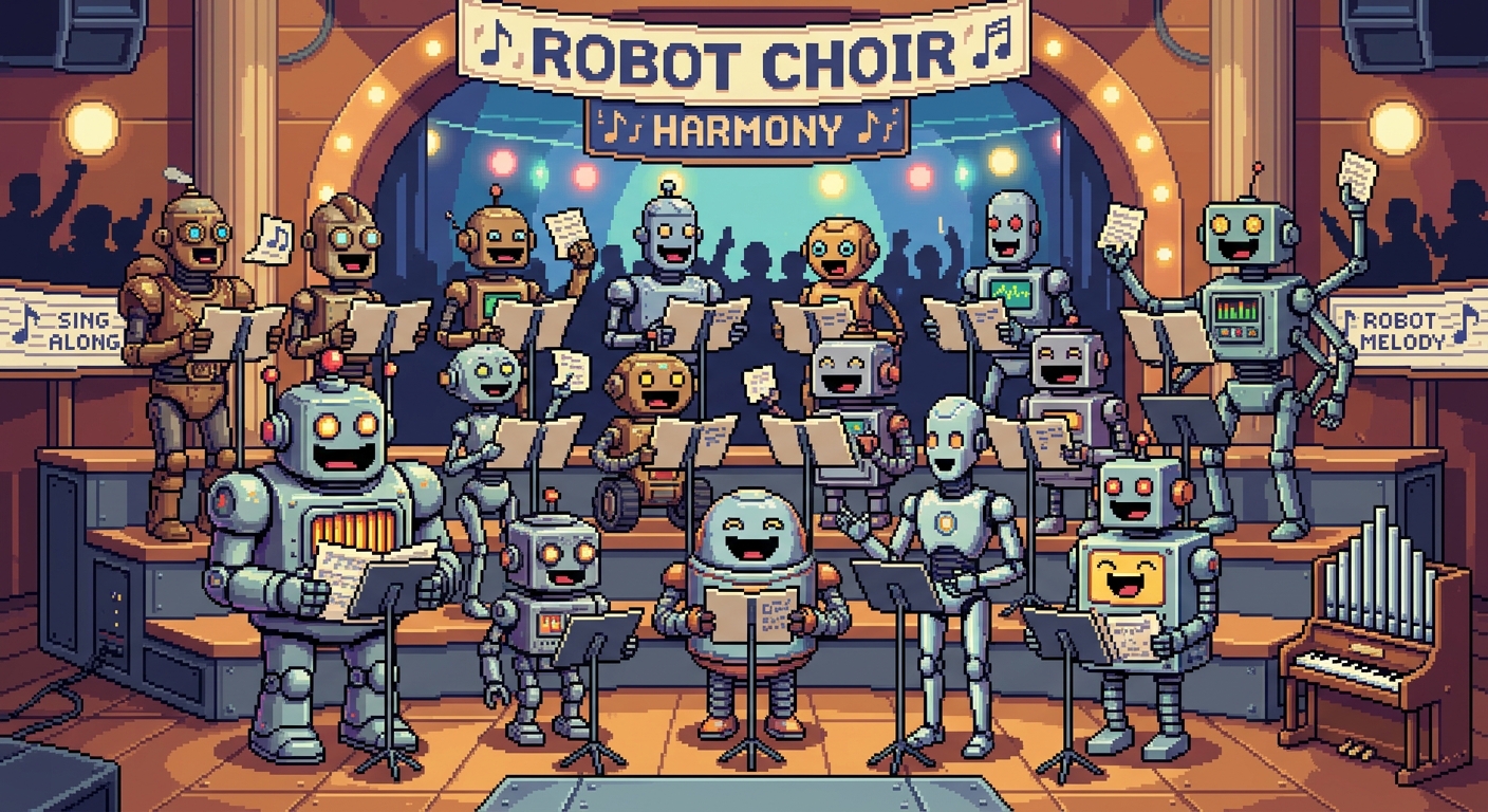 A choir of different types of robots singing along together following some sheet music pixel art