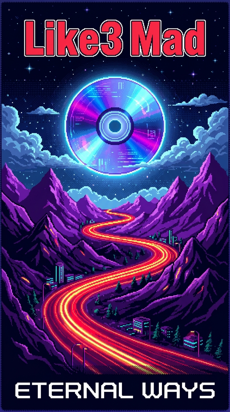 A vertical music promotional poster expanding on synthwave album art. A winding, glowing red and yellow neon highway snakes through sharp purple pixel-art mountains. Above, a giant holographic compact disc floats in a starry dark sky filled with soft pixelated clouds. At the top, the bold text "Like3 Mad" stands out in a red font with a white pixel border. At the bottom, the title "ETERNAL WAYS" is written in clean, futuristic white lettering. 32-bit pixel art style, high contrast, vaporwave and retrowave aesthetic.