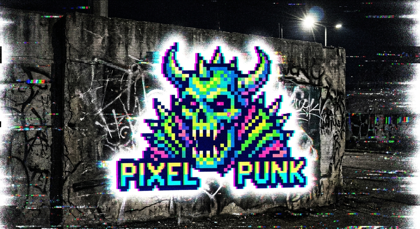 Glitch style image of pixel art graffiti with fuzz and white noise type glowing at the edges.