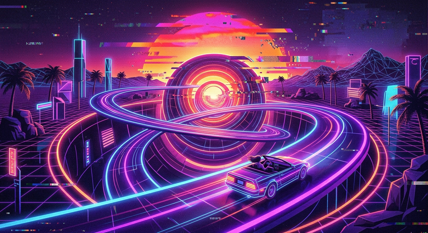 vapourware style road with neon glow. continuous ribbon bends tightly over concentric circles. bright orange sunset with glitch edges. a single car drives towards the centre with roof down.