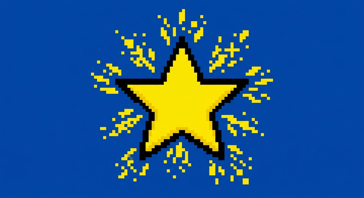 A minimalist 8-bit retro video game icon of a sharp, stylized five-pointed star power-up. The star is solid bright yellow with a bold black outline. Tiny square yellow pixel shards and geometric sparkle fragments explode outward from the star's points. Flat solid royal blue background, clean color blocking, high contrast.