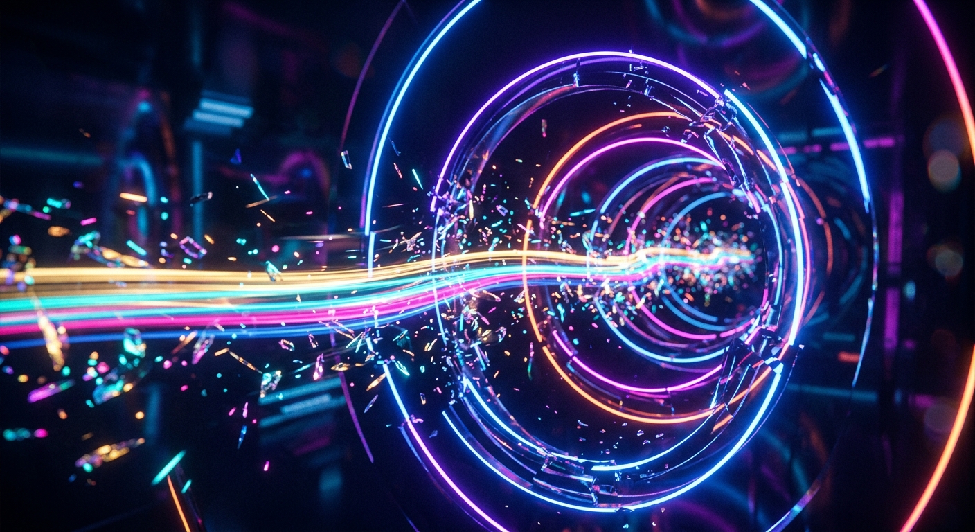Fractional sheards off of horizontal light travelling through concentric circles leaving a continuous ribbon. Neon lit dark background.