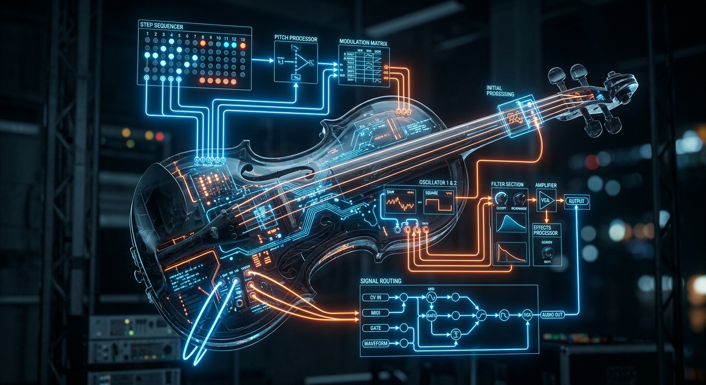 A futuristic holographic wiring diagram and signal flow chart of a cybernetic violin synthesizer. Semitransparent 3D vector model of a violin-shaped electronic instrument floating in a dark room. Glowing neon orange and electric blue laser lines map out the interior circuitry, patch points, and signal routing paths from the step sequencer to the oscillator modules. Glowing circuit nodes, digital audio waveforms, data streams, and techno-organic wiring patterns. Sci-Fi HUD interface style, high tech, sharp details, Octane Render, 4k resolution.