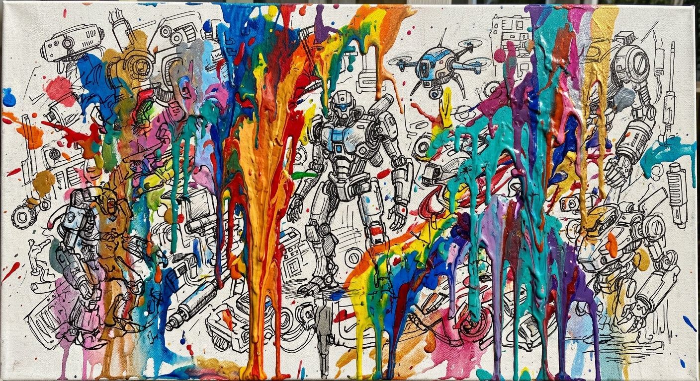 robot drawings mixed with multi-coloured paint, dripping and melting.