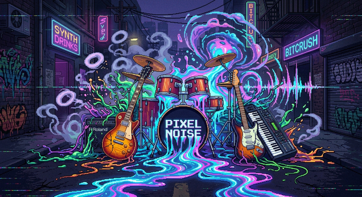 A pile of musical instruments erupting with organic liquid plasma soundwaves, pixel art style. The electronic signals flow like glowing neon rivers and swirling smoke rings around a central drum kit labeled "PIXEL NOISE". The drum kit is melting into digital fluid. Guitars and keyboards dissolve into streaming particles of light and fluid cybernetic vines. Intense neon glow effects, VHS glitch texture, deep pixelated grain, dark grungy street setting, high contrast, surreal cyber-organic aesthetic.