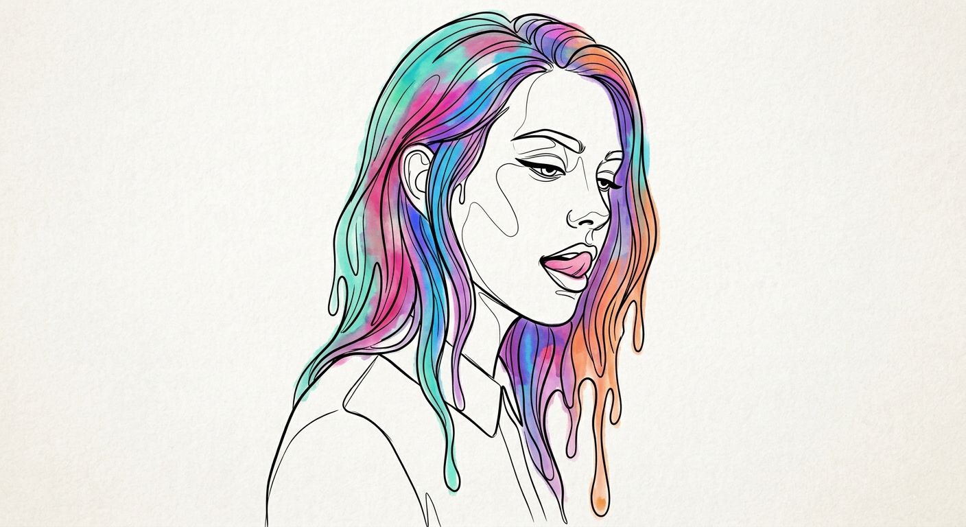 outline of lady licking her lips with multi-coloured hair dripping and melting.