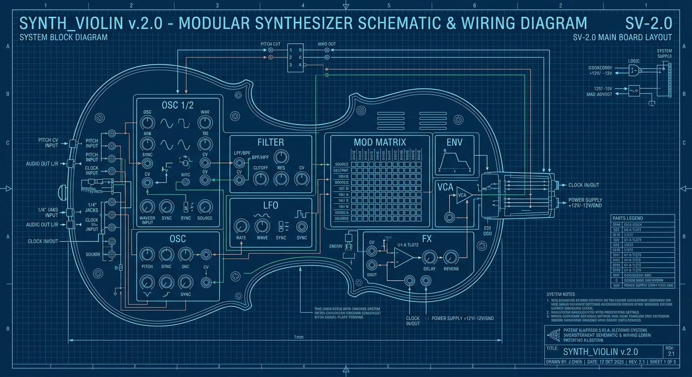 A detailed technical schematic and wiring diagram of the "SYNTH_VIOLIN v.2.0" modular synthesizer. Technical drawing style, clean crisp line art on a dark blueprint grid background. The violin-shaped chassis layout shows clear signal flow paths, labeled module sections (OSC 1/2, FILT, MOD MATRIX, LFO, FX), wiring paths, and connection nodes. Detailed engineering notes, callouts, text labels, and electronic component symbols (capacitors, resistors, signal arrows). High-contrast monochrome cyber-cyan and white lines. Architectural drafting style, crisp vector graphics, professional electronics patent illustration.