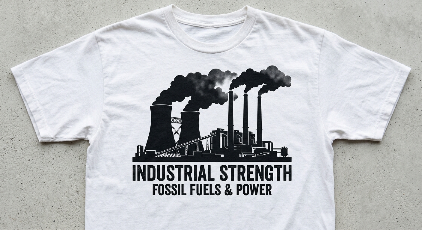 A coal power station with cooling towers and chimney's letting out smoke black silhouette on white T-shirt.