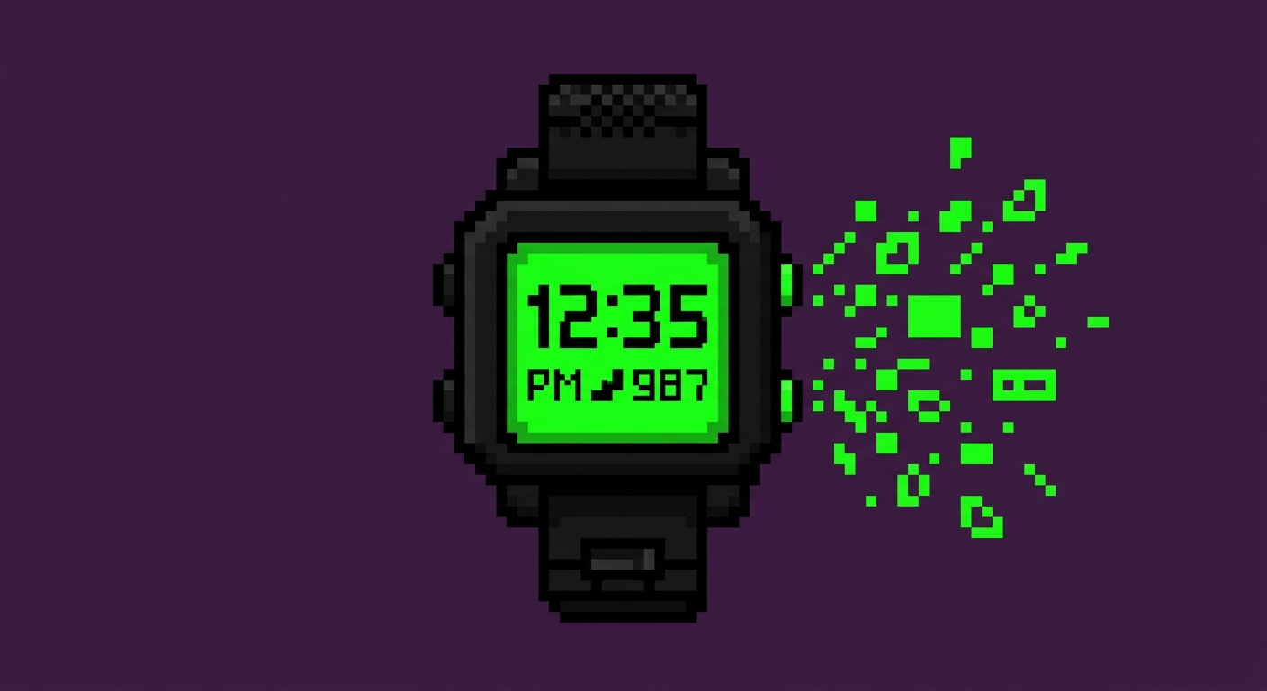 A minimalist 8-bit retro video game icon of a boxy 1990s-style digital smartwatch. The watch strap and square casing are solid black with a bold black outline, featuring a glowing neon green digital screen. Small square neon green pixel shards and geometric digital data fragments explode outward from the side buttons. Flat solid deep purple background, clean color blocking, high contrast.
