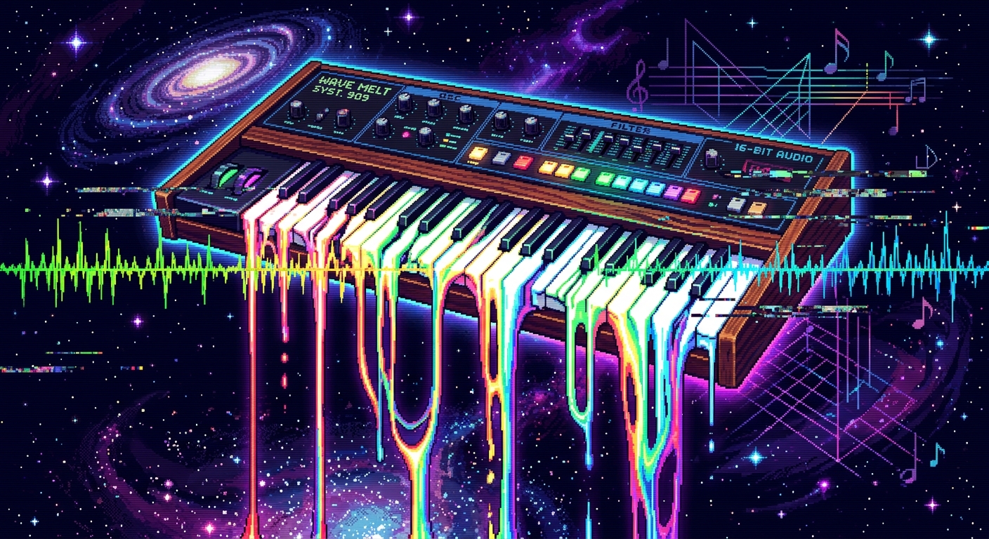 A vintage electronic synthesizer keyboard floating in a dark cosmic void. The black and white keys are melting like soft wax, stretching downwards into long, dripping stalactites of rainbow-coloured liquid light. Horizontal audio waveform lines and digital static artifacts cut through the melting keys. 16-bit SNES style, vibrant gradient blend, surreal musical geometry layout.