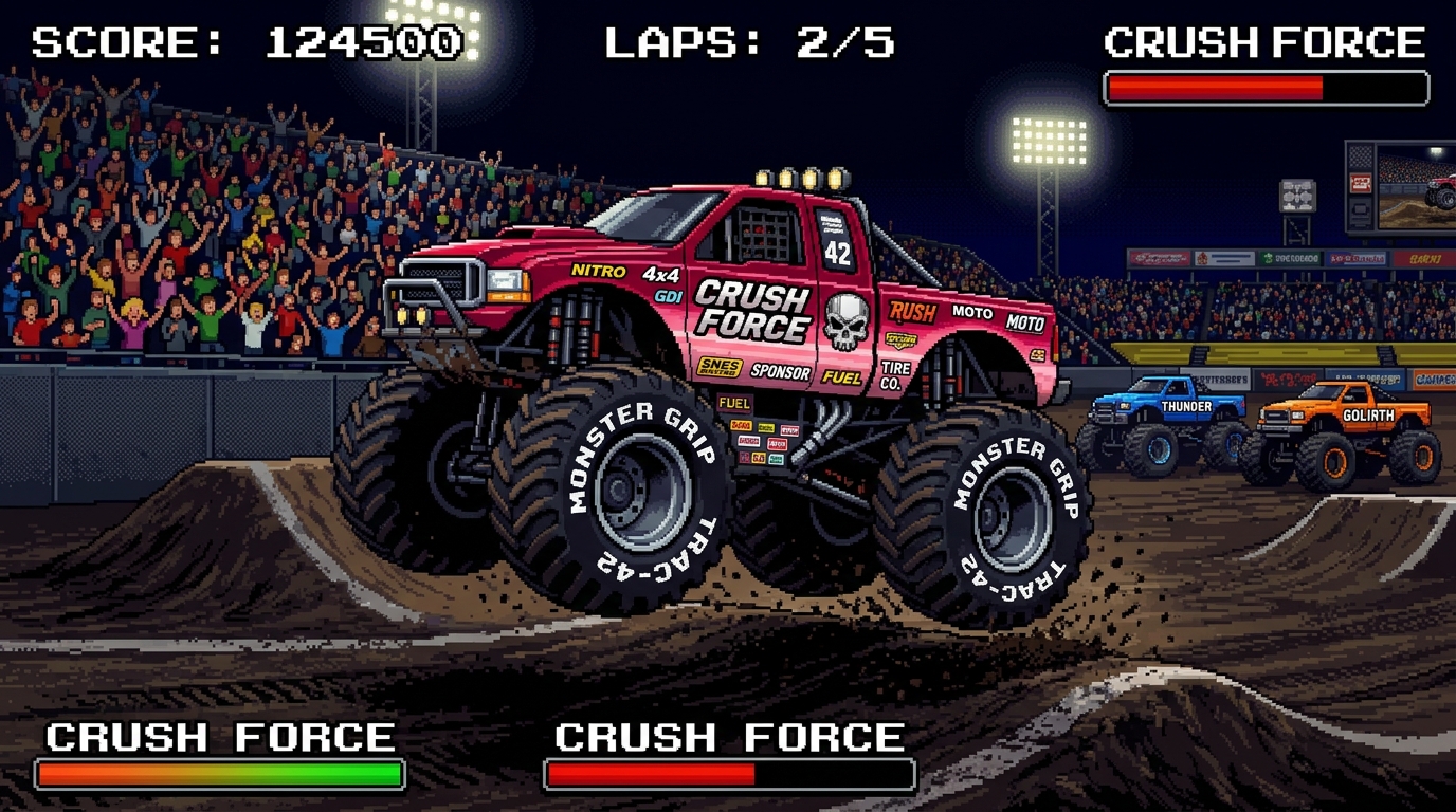 3D style monster truck with huge fat tractor style tyres with white writing on them. Deep red colour fading to light pink with brand logos and stickers on the sides. High contrast, dark background with stadium seats with people cheering. two more monster trucks seen in the distance. 16 bit pixel art SNES style