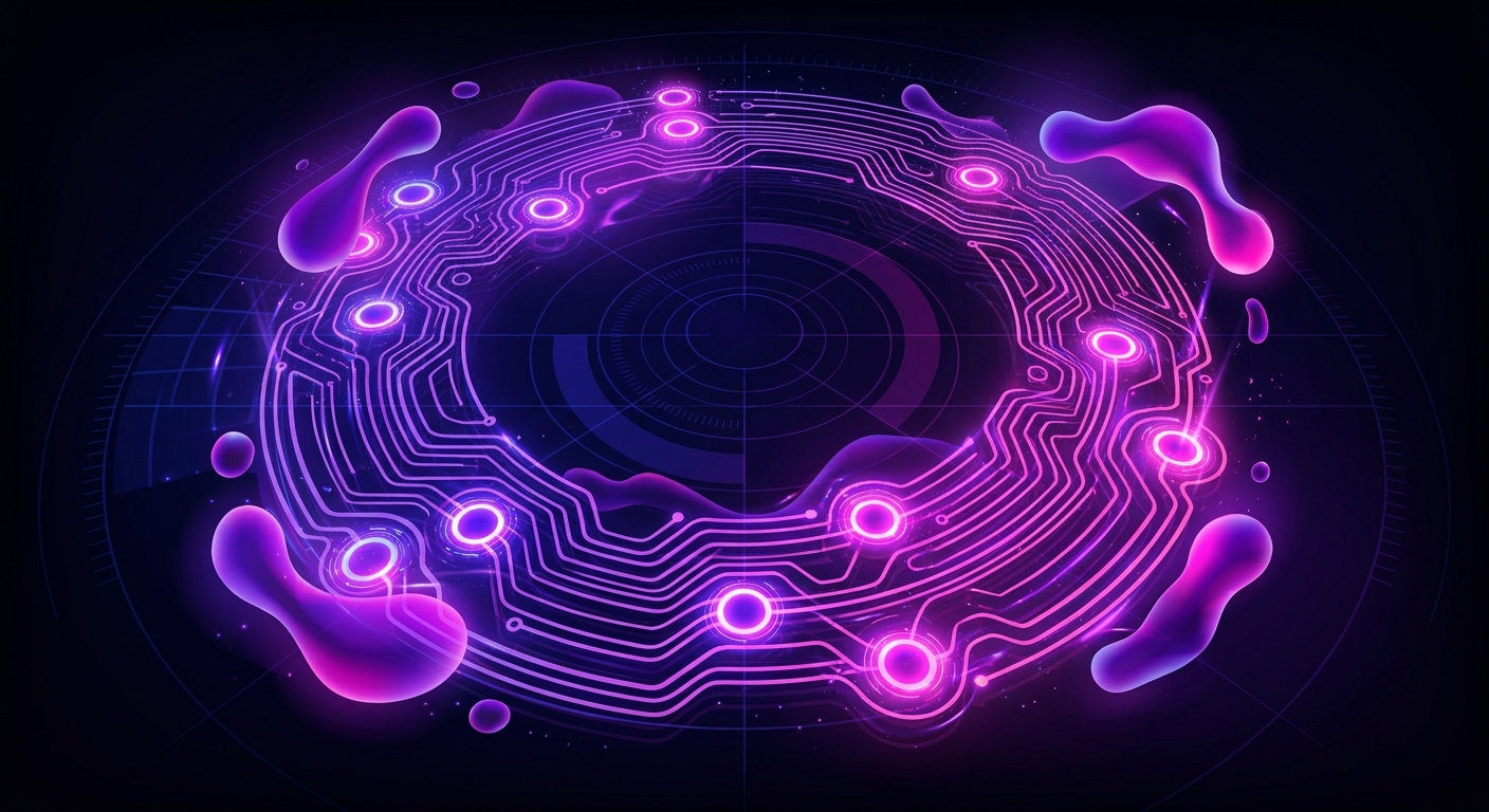 Futuristic cyber network loop, stylized data pathways with circular nodes, organic amoeba-like glowing fluid shapes over precise geometric radar rings, vibrant purple and neon pink gradient, dark ambient background, sci-fi concept art.
