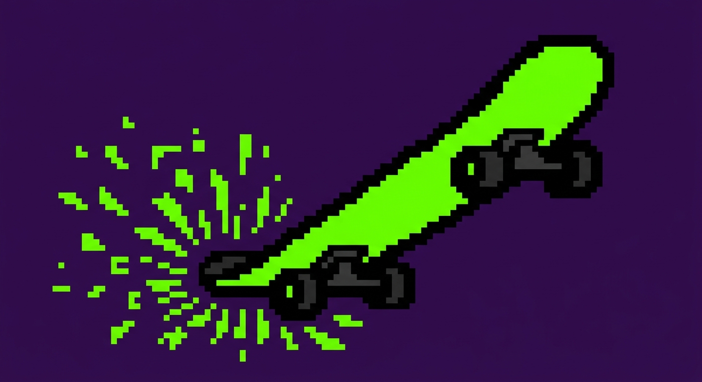 A minimalist 8-bit retro video game graphic of a sharp, diagonal skateboard deck item. The board features a solid neon green graphic layer with a bold black outline and black wheels. Small square neon green pixel shards and geometric plastic sparks burst outward from the tail kick. Flat solid deep purple background, clean graphic layout, bold contrast.