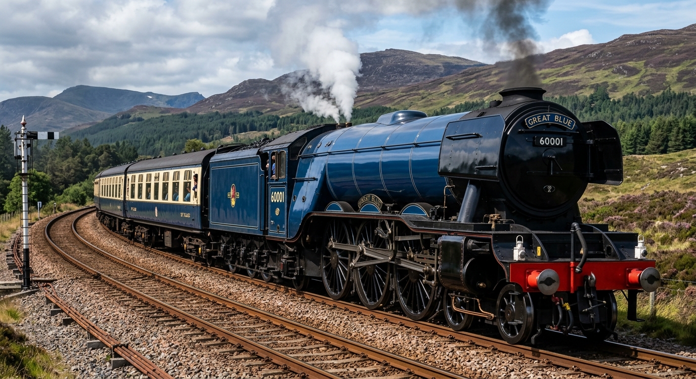 Great blue steam locomotive, well shot generated with sharp high contrast shadows, pulling two carriages.