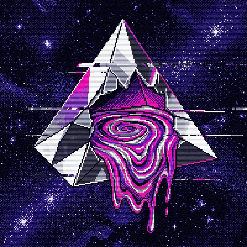 An abstract album cover art featuring a perfect, sharp geometric crystal prism floating in a dark cosmic void. The interior of the prism is melting into a shifting, fluid vortex of liquid chrome, hot magenta, and electric violet paint. Thick horizontal digital glitch cuts and subtle CRT scanline textures cross through the melting metal. 16-bit Sega Genesis style, high contrast, raw industrial texture blend