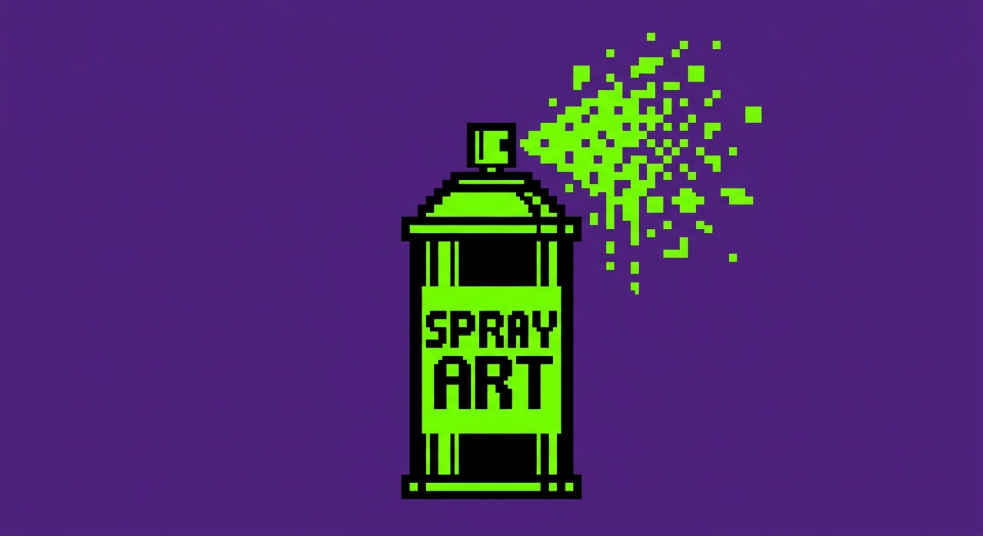 A minimalist 8-bit retro video game graphic of a street-art spray paint can. The can body is solid black with a bold black outline, featuring a vibrant neon green label and cap. Small square neon green pixel droplets and geometric paint shards burst outward from the nozzle tip like an explosion. Flat solid deep purple background, sharp vector-style pixel art, high contrast.
