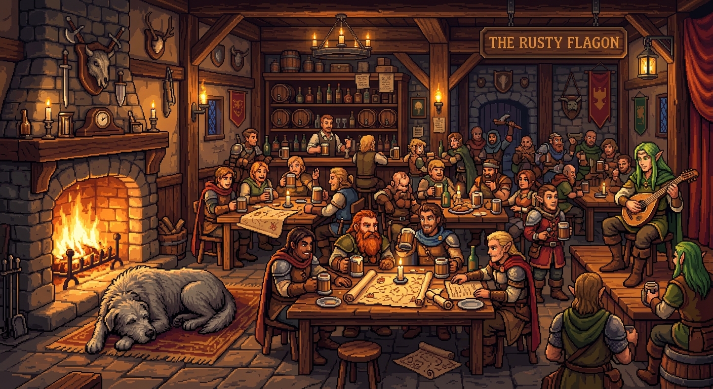Inside a bustling medieval fantasy tavern at night. A roaring stone fireplace lights up the room, wooden tables are filled with tankards and rolled-out maps, an elf bard plays a lute in the corner, and a giant sleeping wolfhound rests by the hearth. 32-bit pixel art, side view, warm amber lighting, high detail, retro RPG aesthetic.