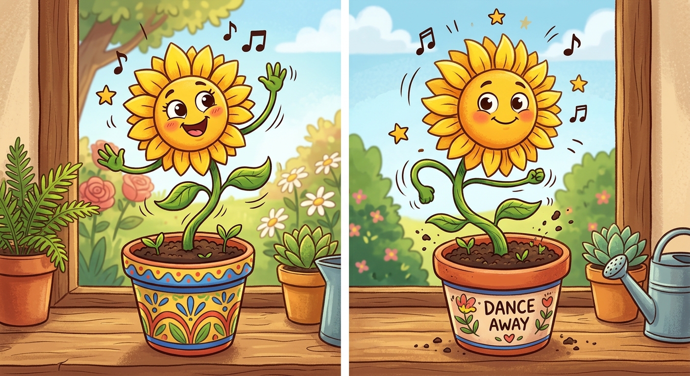 Image of a cartoon flower in a plant pot dancing