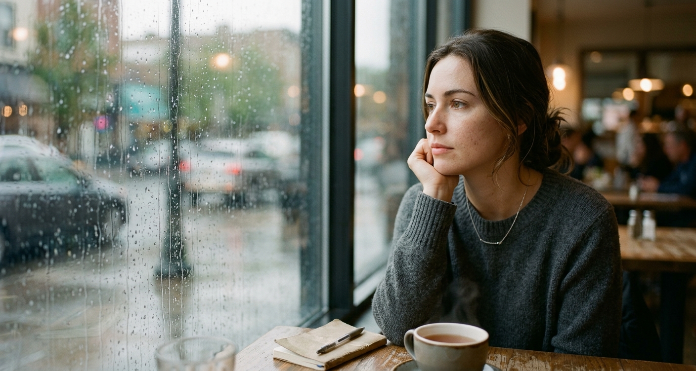 An intimate medium close-up shot of a thoughtful young woman sitting by a large rain-streaked cafe window. Soft afternoon golden hour light streams across her face, highlighting realistic skin texture. Muted pastel color grading, gentle film grain, A24 aesthetic, shot on an 85mm lens for creamy background bokeh, 1.85:1 aspect ratio.