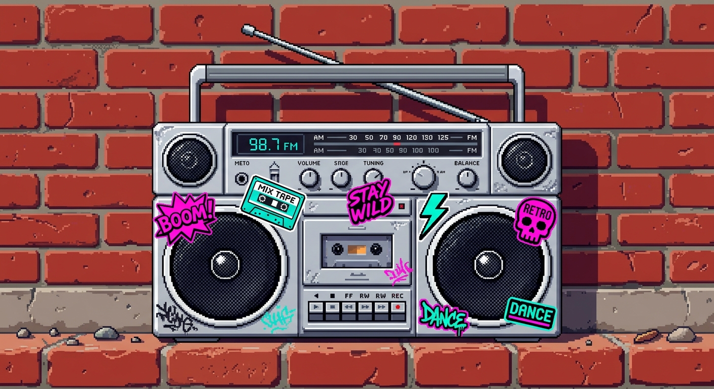 A 32-bit pixel art icon of a classic 1990s silver boombox stereo. Set against a gritty red brick wall backdrop. High detail, vibrant neon pink and teal stickers slapped on the stereo body.