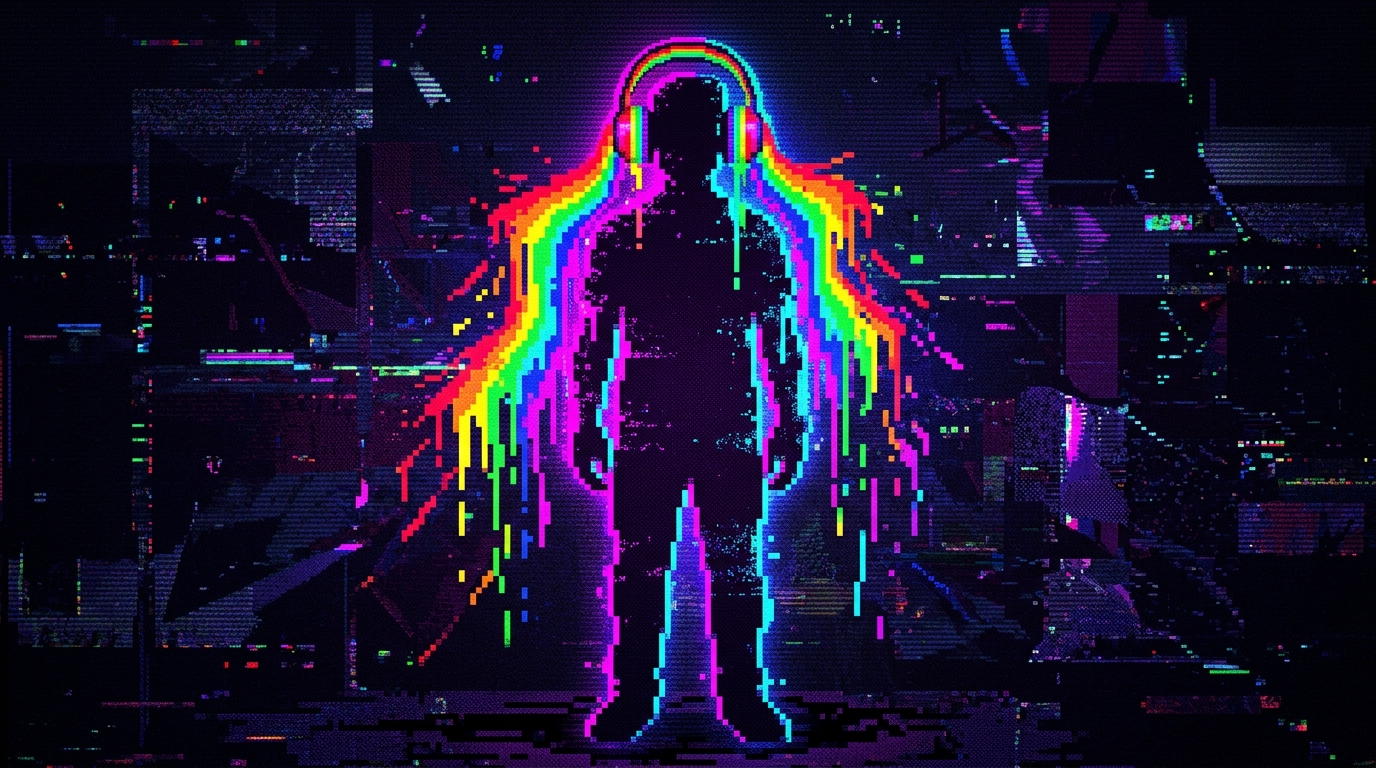 Glitch style 32 bit pixel art image of rainbow paint melting and dripping from headphones of silhouette of a man in the centre with neon glow and high contrast, dark background.