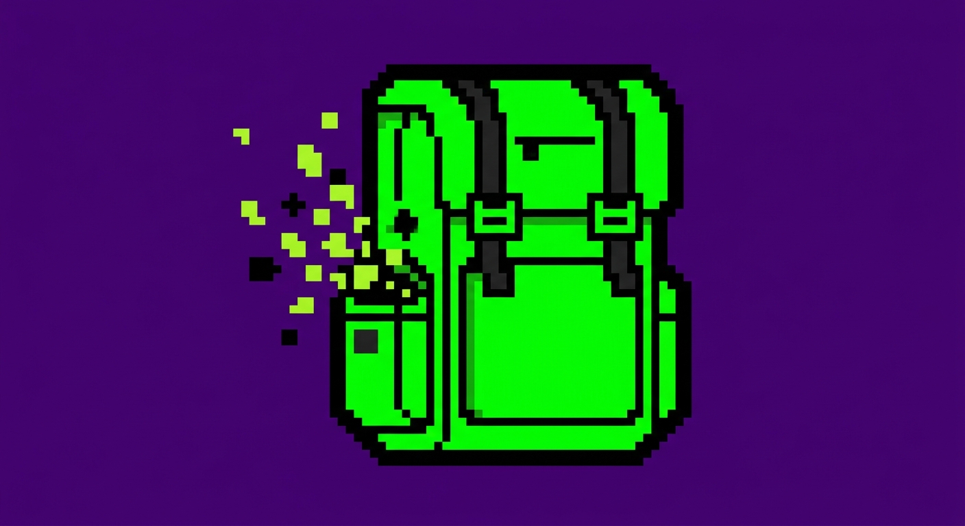A minimalist 8-bit retro video game icon of a chunky street culture high-top backpack. The backpack is solid vibrant neon green with thick black canvas straps and a bold black outline. Small geometric lime green pixel shards and square canvas fragments explode outward from the side pockets. Flat solid deep purple background, clean color blocking, high contrast.