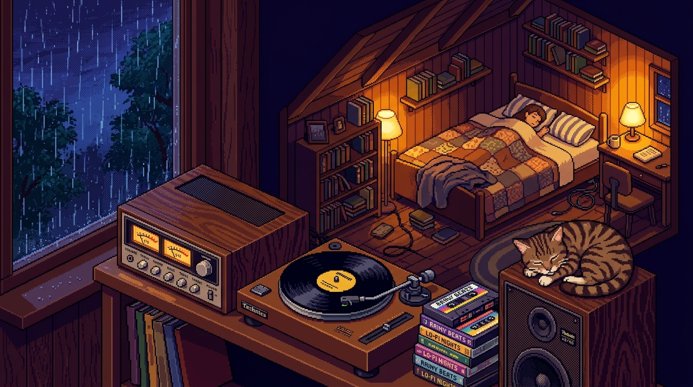 A cozy, warm-lit bedroom at night during a rainstorm. A vintage wood-paneled stereo receiver sits on a shelf with glowing amber VU meters, a classic turntable spinning a vinyl record next to stacks of tape cassettes, and a lazy tabby cat sleeping on top of a speaker. 16-bit SNES style, isometric view, soft dithered shadows, warm yellow and deep indigo color palette.