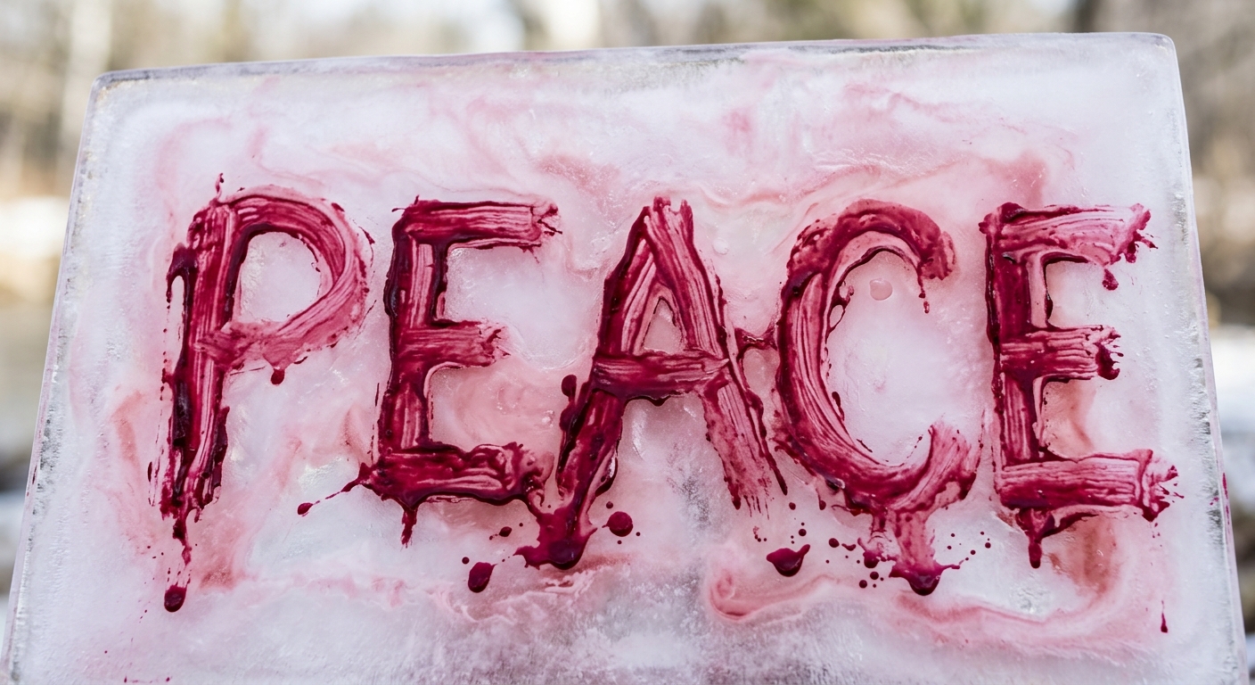 Smooth large pane of liquid ice in strawberry haze of melting paint like substance spelling the word Peace with no remorse.