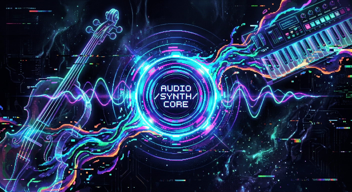Futuristic techno-organic pixel art. Streams of glowing, bioluminescent liquid plasma swirl together to form the passing, ghostly shapes of a cello neck and synthesizer keys. The central focal point is a pulsing, circular digital audio core that looks like a liquid-crystal cell. Fluid neon soundwaves ripple outward across a dark, glossy background. Heavy glitch art artifacts, subtle 16-bit dithered shading, vaporous textures, dark ambient aesthetic.