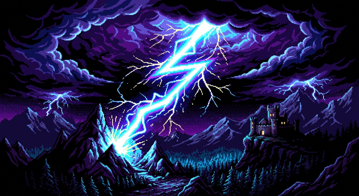 High contrast high energy snes style pixel art of a lightning bolt cartoon style neon lit
