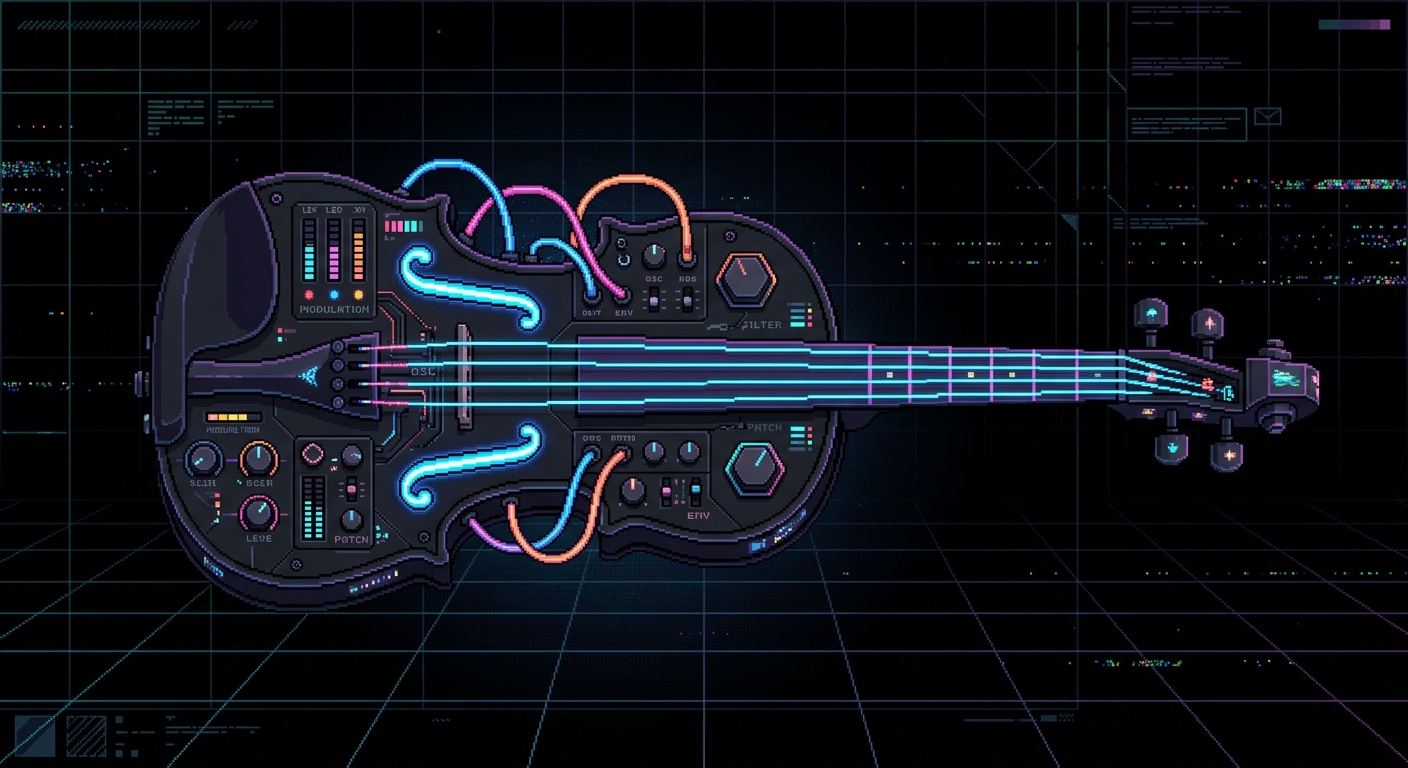 A futuristic techno-modular violin instrument, 16-bit pixel art style. The body of the violin is a sleek matte-black aluminum plate covered in glowing neon patch cables, small analog dials, and tiny pulsing LED level meters. The f-holes are glowing neon-blue laser slats, and the strings are made of pure fiber-optic light. The instrument floats horizontally against a pitch-black background with subtle RGB pixel noise and grid lines. Dark techno aesthetic, ultra-clean layout, high contrast, geometric blueprint feel.