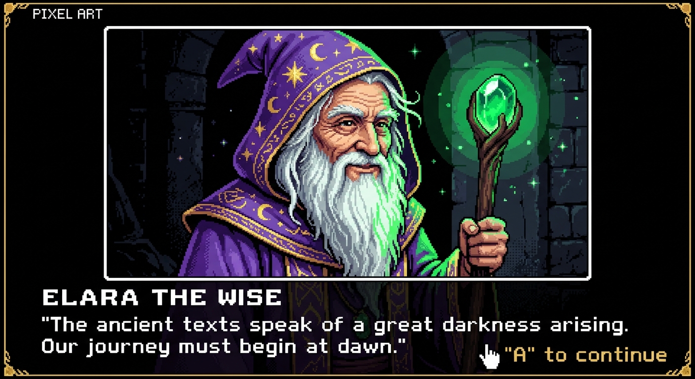 A dialogue portrait of a fantasy wizard. Wrinkled face, long white beard, wearing a pointed violet robe with embroidered gold stars, holding a staff tipped with a glowing emerald orb that casts green light on his face. 8-bit retro RPG dialogue box style, dark profile background, high contrast, sharp pixel clusters.