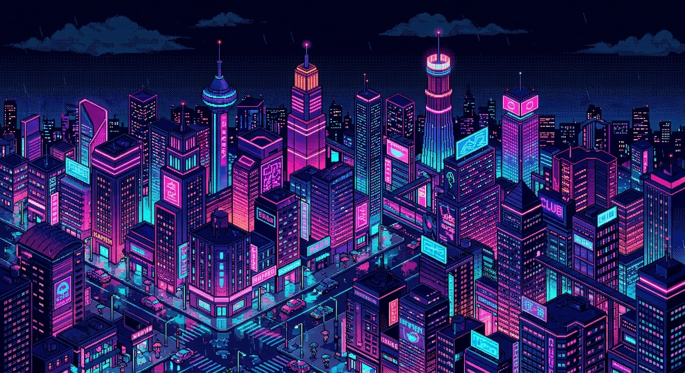 16-bit pixel art city skyline at night. Neon-lit skyscrapers, rain-slick streets, glowing windows, magenta and cyan color palette. Heavy dithering, CRT scanlines, isometric view, vaporwave aesthetic, dense urban atmosphere, no text
