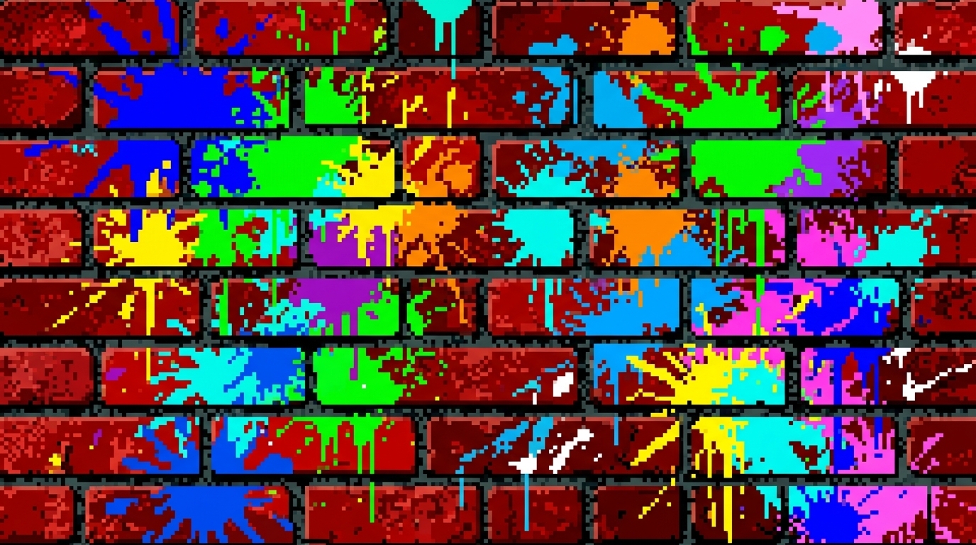 A close-up texture pattern of a red brick wall covered in abstract, colorful paint splashes. 16-bit pixel art style, high contrast, clean pixel blocks.