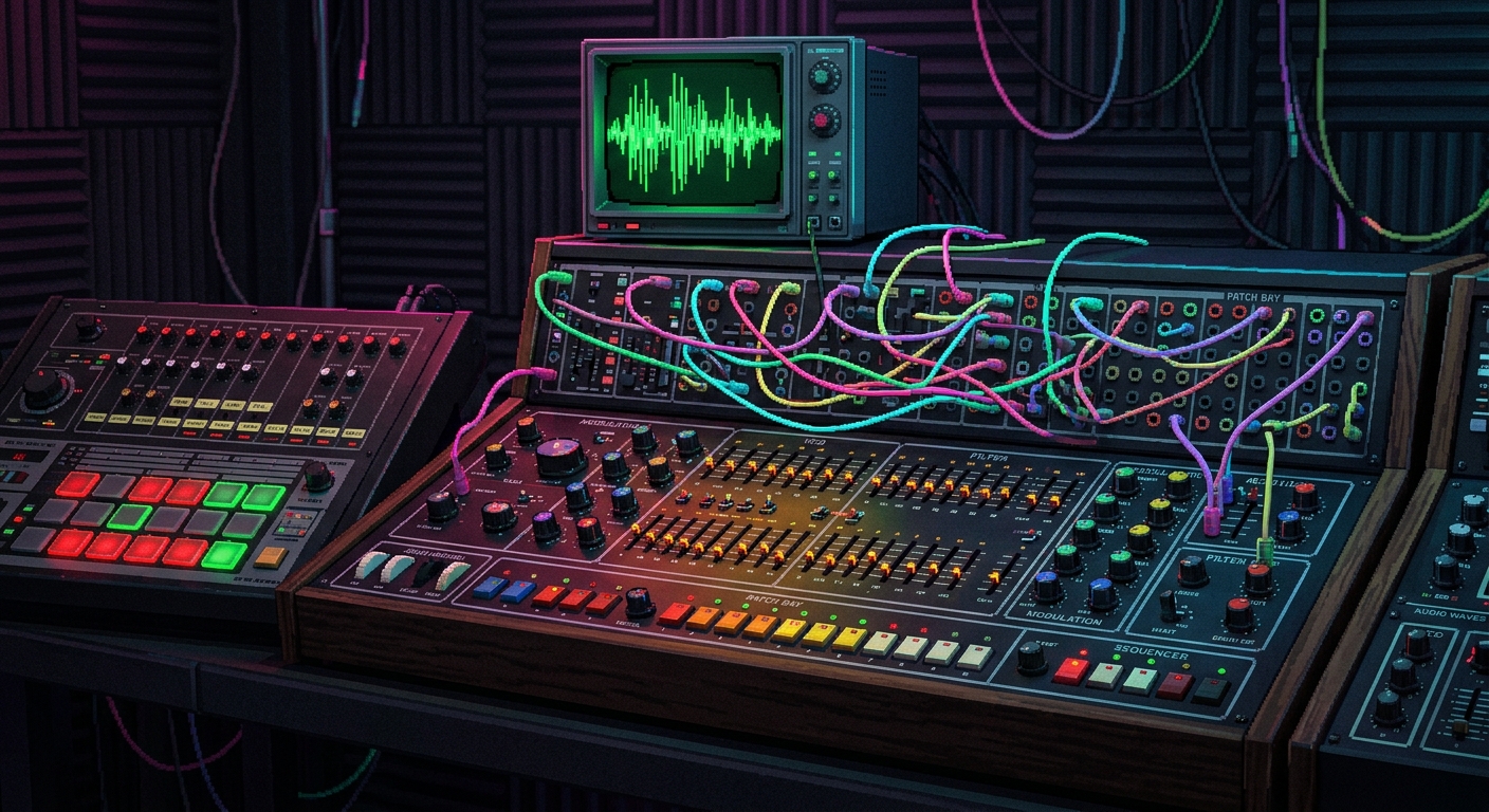 A massive vintage synthesizer workstation in a dimly lit studio. Dozens of glowing sliders, colorful patch cables dangling between ports, a drum machine with flashing red and green pads, and an oscilloscope screen displaying a vibrant green audio waveform. 32-bit pixel art, close-up angled shot, dark charcoal background with neon pink, cyan, and violet highlights, high-tech analog gear aesthetic.