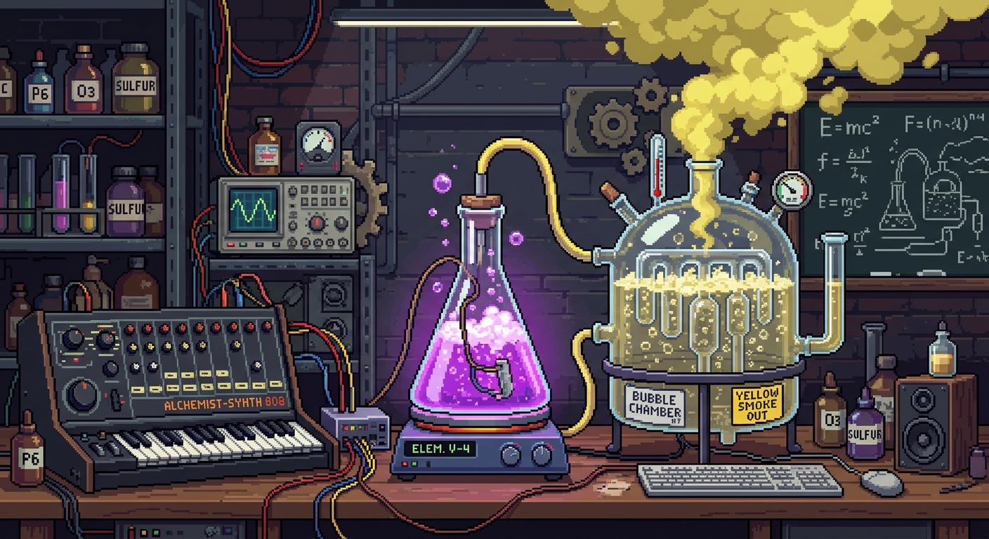 Synthesizer wired up to a conical flask thats bubbling a purple liquid and plumbed up to yellow smoke coming out of a bubble chamber pixel art