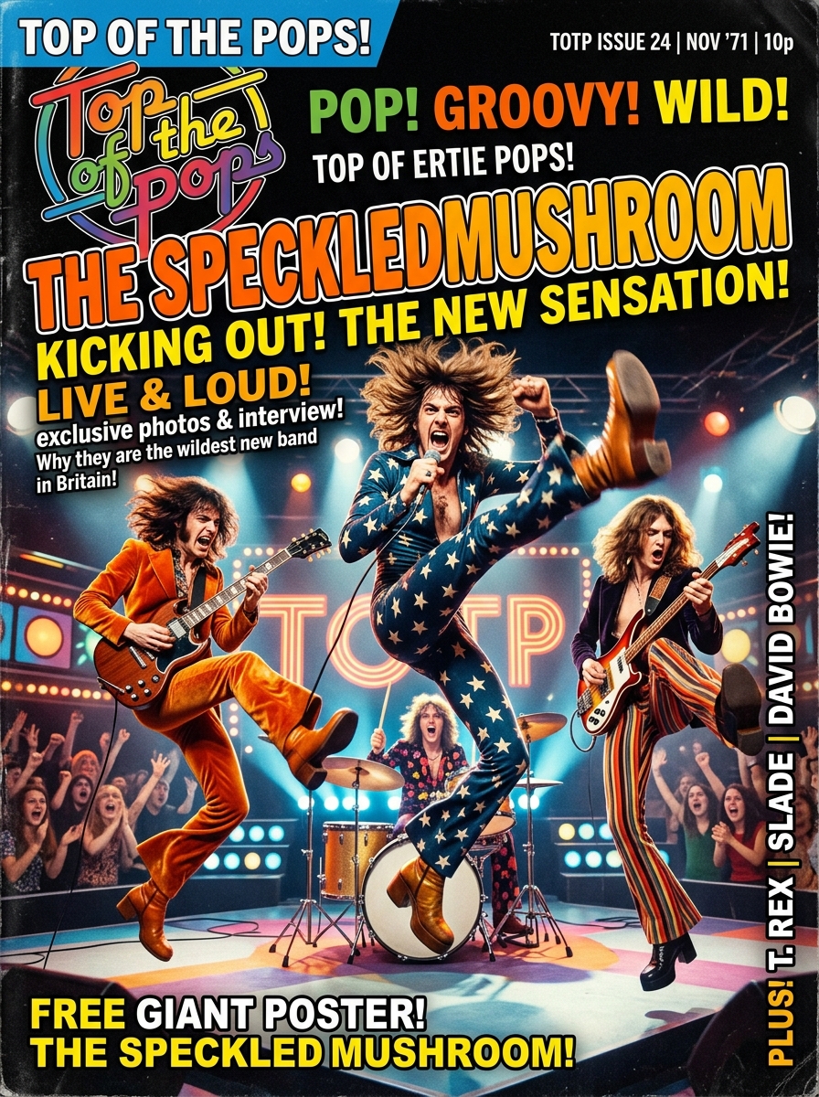 Top of the Pops Magazine cover with band called the SpeckledMushroom on the cover Kicking out style!