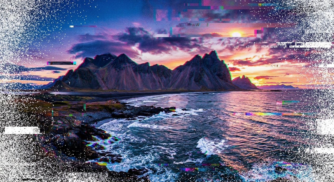 Glitch style image of mountains next to sea with white noise and fuzz pervading at the edges