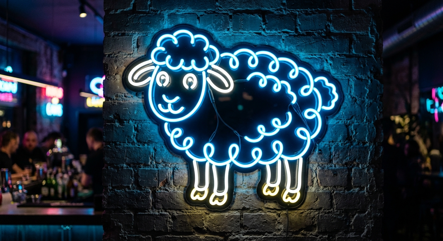 An electric neon light of a sheep in bright neon colours.