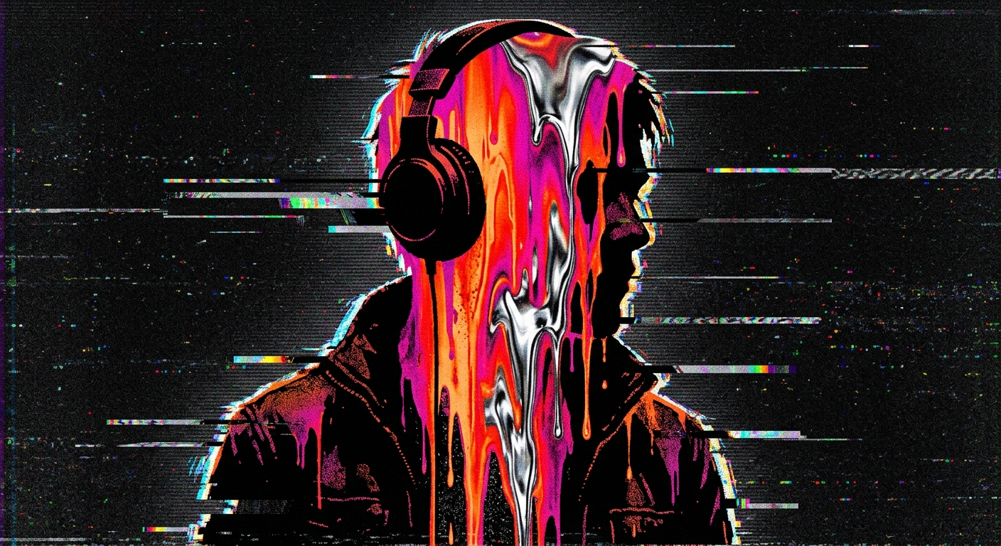 A sharp black silhouette of a person wearing over-ear headphones, set against a dark background. The entire interior of the silhouette is filled with a vertical melting wall of liquid chrome, hot orange, and magenta paint dripping downwards. Horizontal digital glitch cuts, static noise artifacts, and vintage scanline textures layer over the entire figure. 16-bit retro aesthetic, high contrast, raw metallic texture blend.