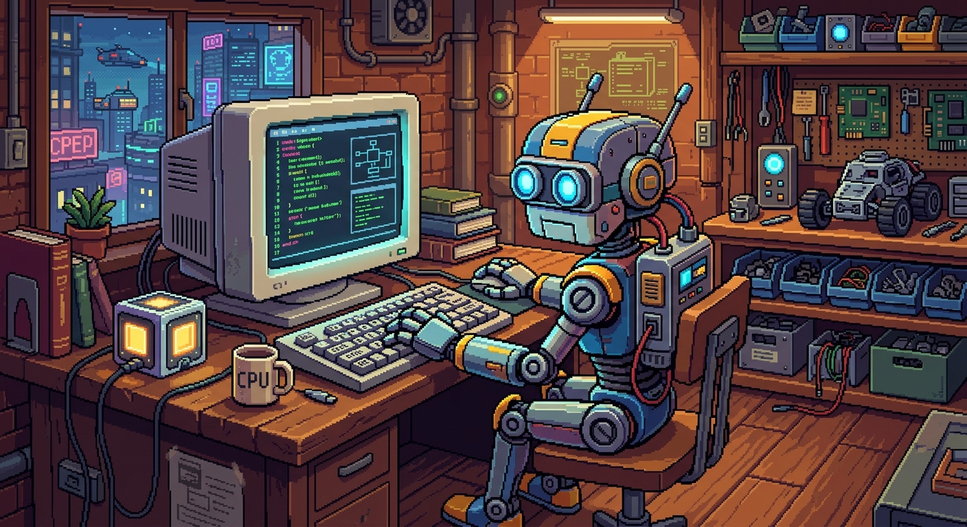 robot sat working on a computer pixel art