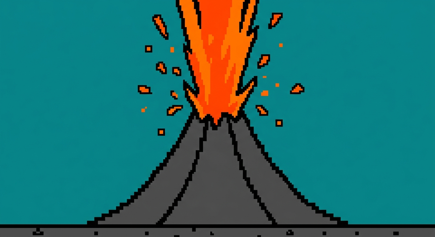 A minimalist 8-bit retro video game graphic of a sharp, stylized volcano cone erupting. The volcano is solid charcoal gray with a bold black outline, spitting a jagged blast of neon orange lava upward. Small geometric orange pixel shards and square sparks burst into the surrounding air. Flat solid teal background, clean color blocking, high contrast.