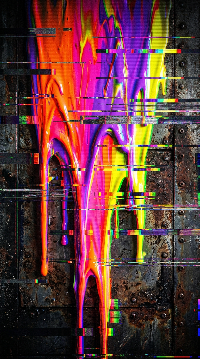 A vertical digital artwork featuring thick, vibrant liquid acrylic paint dripping downward in intense neon orange, hot pink, purple, and electric yellow. The melting colors are heavily distorted by horizontal digital glitch lines, pixelation artifacts, and chromatic aberration. The background is a dark, rusty, weathered industrial metal plate with visible rivets and grime. Cyberpunk aesthetic, high contrast, surreal textures, 8k resolution.