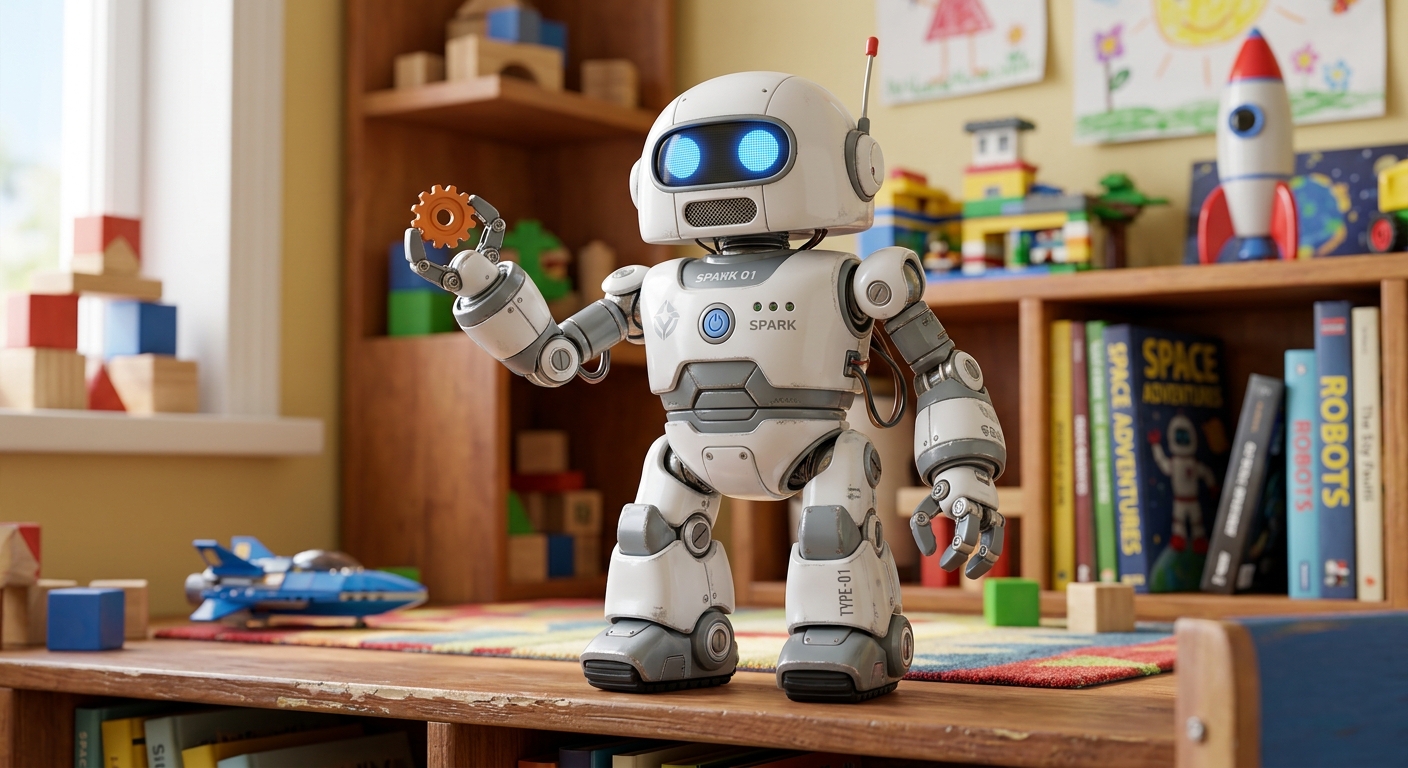 3D digital art of a toy robot in white and grey